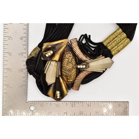 Vintage Made In Italy Waist Belt Mayan Metal Black Weaved Crystal Chunky 26" - Picture 12 of 12